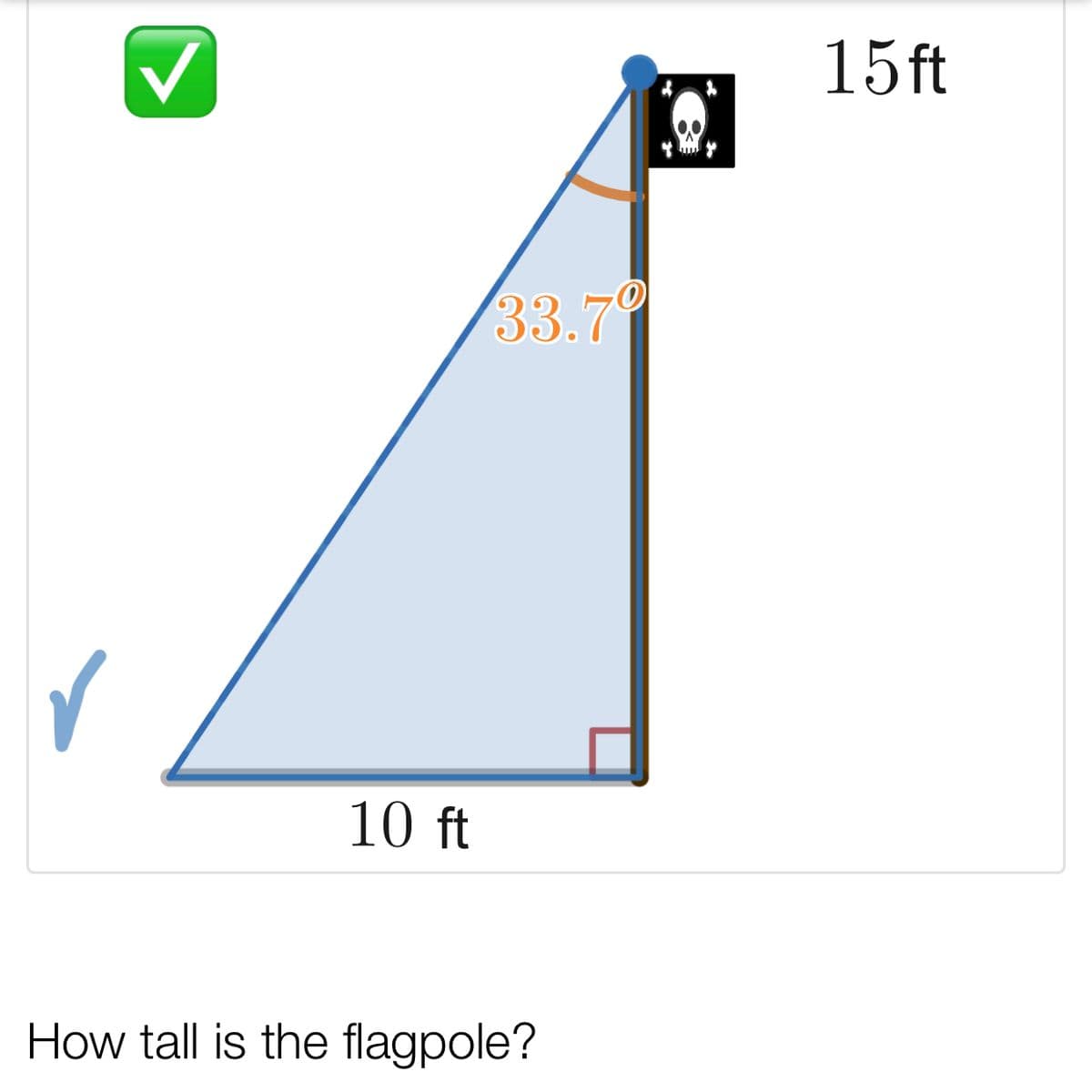 15ft
33.79
10 ft
How tall is the flagpole?
