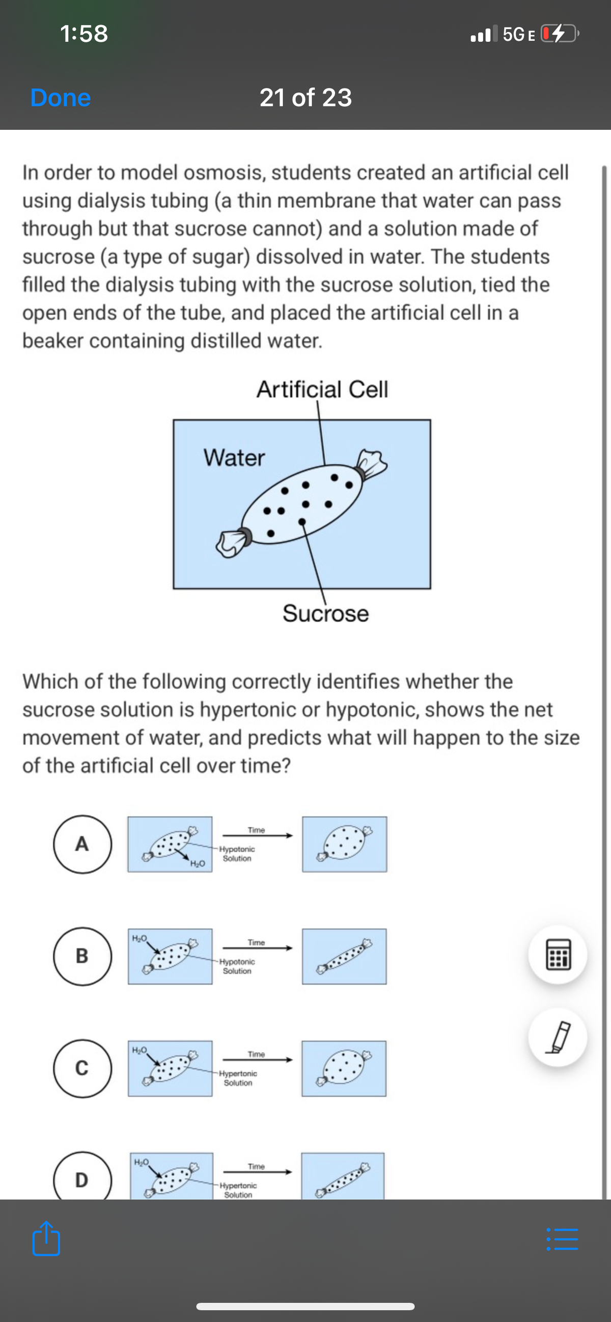 1:58
l 5GE
Done
21 of 23
In order to model osmosis, students created an artificial cell
using dialysis tubing (a thin membrane that water can pass
through but that sucrose cannot) and a solution made of
sucrose (a type of sugar) dissolved in water. The students
filled the dialysis tubing with the sucrose solution, tied the
open ends of the tube, and placed the artificial cell in a
beaker containing distilled water.
Artificial Cell
Water
Sucrose
Which of the following correctly identifies whether the
sucrose solution is hypertonic or hypotonic, shows the net
movement of water, and predicts what will happen to the size
of the artificial cell over time?
Time
A
Hypotonic
Solution
HO
Time
В
-Нурotonic
Solution
HO
Time
Hypertonic
Solution
HO
Time
D
Hypertonic
Solution
