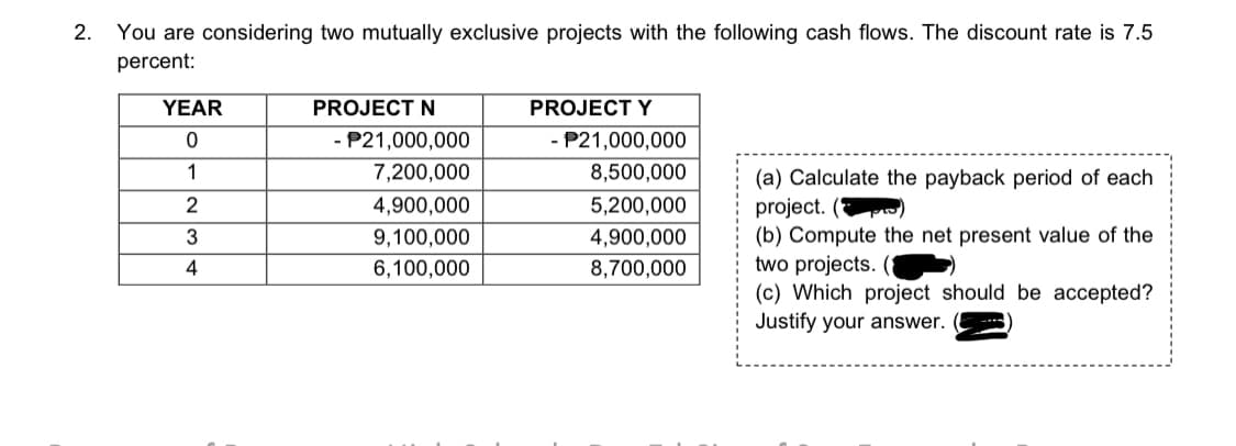 2.
You are considering two mutually exclusive projects with the following cash flows. The discount rate is 7.5
percent:
YEAR
PROJECT N
PROJECT Y
- P21,000,000
- P21,000,000
1
7,200,000
8,500,000
(a) Calculate the payback period of each
project. (
(b) Compute the net present value of the
two projects.
(c) Which project should be accepted?
Justify your answer.
2
4,900,000
5,200,000
9,100,000
4,900,000
4
6,100,000
8,700,000
