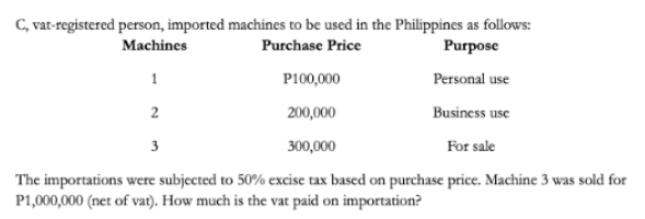 C, vat-registered person, imported machines to be used in the Philippines as follows:
Purchase Price
Machines
Purpose
1
P100,000
Personal use
2
200,000
Business use
3
300,000
For sale
The importations were subjected to 50% excise tax based on purchase price. Machine 3 was sold for
P1,000,000 (net of vat). How much is the vat paid on importation?
