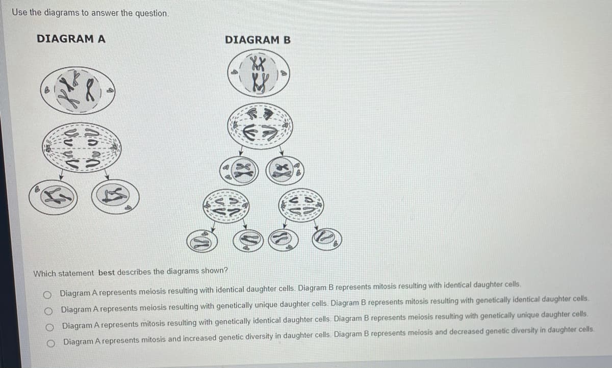 Use the diagrams to answer the question.
DIAGRAMA
DIAGRAM B
Which statement best describes the diagrams shown?
O Diagram A represents meiosis resulting with identical daughter cells. Diagram B represents mitosis resulting with identical daughter cells.
O Diagram A represents meiosis resulting with genetically unique daughter cells. Diagram B represents mitosis resulting with genetically identical daughter cells.
O Diagram A represents mitosis resulting with genetically identical daughter cells. Diagram B represents meiosis resulting with genetically unique daughter cells.
O Diagram A represents mitosis and increased genetic diversity in daughter cells. Diagram B represents meiosis and decreased genetic diversity in daughter cells.
