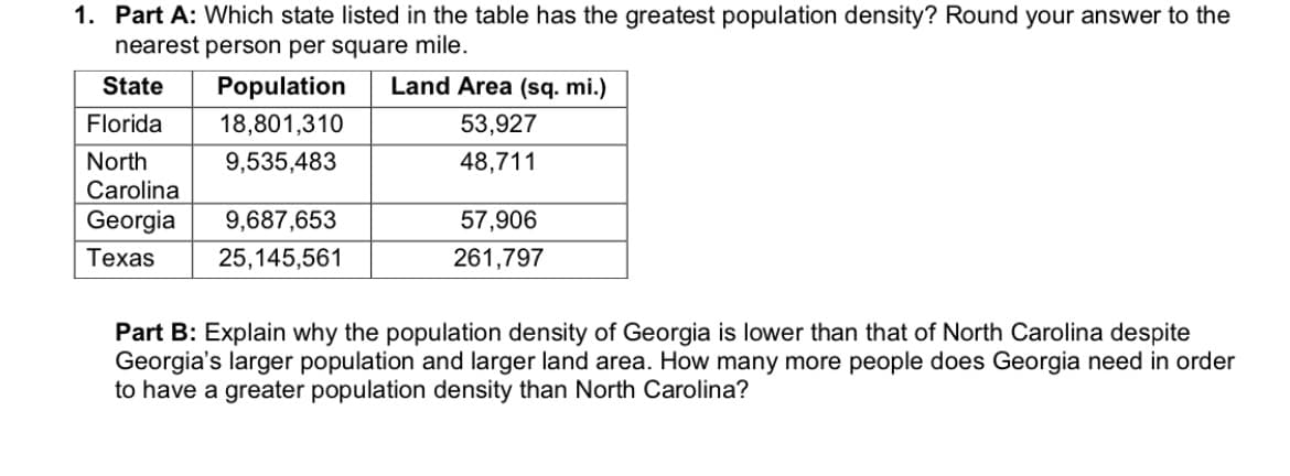 1. Part A: Which state listed in the table has the greatest population density? Round your answer to the
nearest person per square mile.
State
Population
Land Area (sq. mi.)
Florida
18,801,310
53,927
North
9,535,483
48,711
Carolina
Georgia
9,687,653
57,906
Техas
25,145,561
261,797
Part B: Explain why the population density of Georgia is lower than that of North Carolina despite
Georgia's larger population and larger land area. How many more people does Georgia need in order
to have a greater population density than North Carolina?
