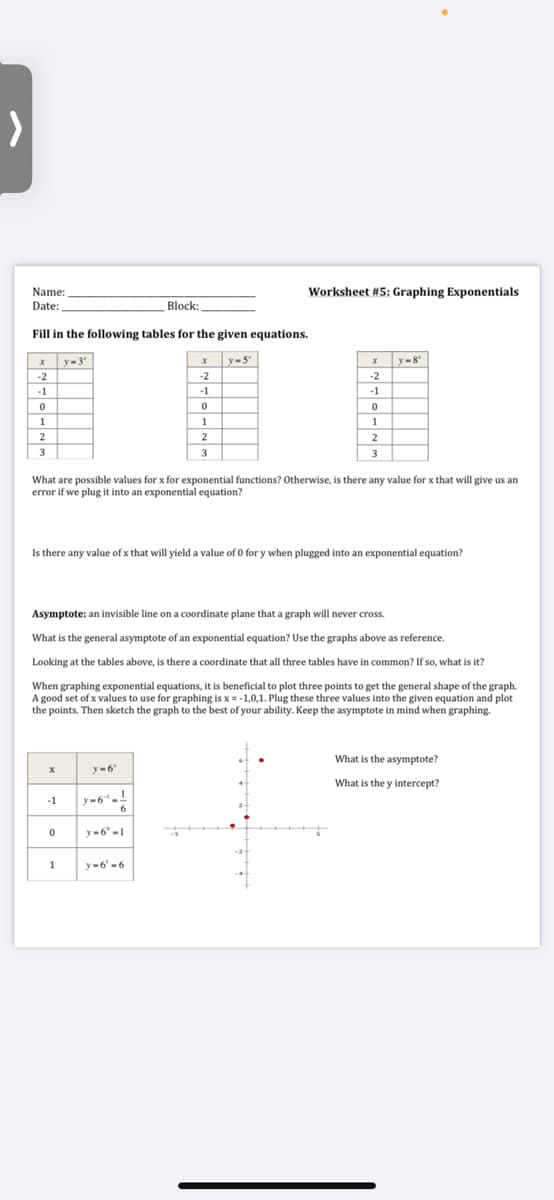 Name:
Worksheet #5: Graphing Exponentials
Date:
Block:
Fill in the following tables for the given equations.
y-3'
y-5
y-8
-2
-2
-2
-1
-1
-1
1
1
1
2
2
3
there any value for x that will give us an
What are possible values for x for exponential functions? Otherwise,
error if we plug it into an exponential equation?
Is there any value of x that will yield a value of 0 for y when plugged into an exponential equation?
Asymptote: an invisible line on a coordinate plane that a graph will never cross.
What is the general asymptote of an exponential equation? Use the graphs above as reference.
Looking at the tables above, is there a coordinate that all three tables have in common? If so, what is it?
When graphing exponential equations, it is beneficial to plot three points to get the general shape of the graph.
A good set of x values to use for graphing is x = -1,0,1. Plug these three values into the given equation and plot
the points. Then sketch the graph to the best of your ability. Keep the asymptote in mind when graphing.
What is the asymptote?
y-6
What is the y intercept?
-1
y=6-
y-6° -1
1
y=6' -6
