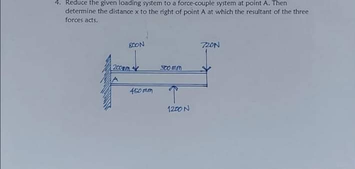 4. Reduce the given loading system to a force-couple system at point A. Then
determine the distance x to the right of point A at which the resultant of the three
forces acts.
gON
72ON
200mm
500 mm
450 mm
1200N
