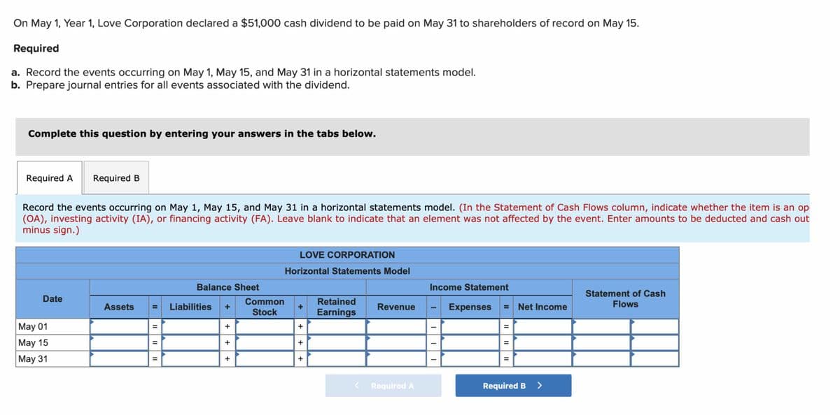 On May 1, Year 1, Love Corporation declared a $51,000 cash dividend to be paid on May 31 to shareholders of record on May 15.
Required
a. Record the events occurring on May 1, May 15, and May 31 in a horizontal statements model.
b. Prepare journal entries for all events associated with the dividend.
Complete this question by entering your answers in the tabs below.
Required A Required B
Record the events occurring on May 1, May 15, and May 31 in a horizontal statements model. (In the Statement of Cash Flows column, indicate whether the item is an op
(OA), investing activity (IA), or financing activity (FA). Leave blank to indicate that an element was not affected by the event. Enter amounts to be deducted and cash out
minus sign.)
Date
May 01
May 15
May 31
Assets
II
||
||
||
Balance Sheet
Liabilities
+
+
+
Common
Stock
LOVE CORPORATION
Horizontal Statements Model
+
+
+
Retained
Earnings
Revenue
Required A
Income Statement
I
I
Expenses
II
=
Net Income
Required B
>
Statement of Cash
Flows