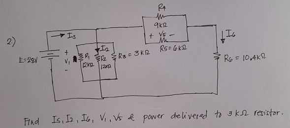 RA
マIs
2)
+ Vs -
M.
旅二
Ic
E- 28V
E k3 = 3 K2
12K2
Rs= 6 KL
Ro = 10,4K2
Find Is, , IG, V, Vs e power delivered to 3 k2 resistor.
