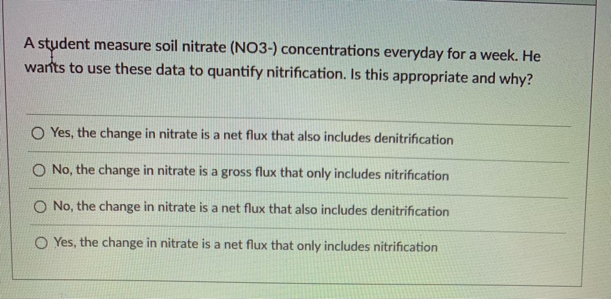 A student measure soil nitrate (NO3-) concentrations everyday for a week. He
wants to use these data to quantify nitrification. Is this appropriate and why?
O Yes, the change in nitrate is a net flux that also includes denitrification
O No, the change in nitrate is a gross flux that only includes nitrification
O No, the change in nitrate is a net flux that also includes denitrification
O Yes, the change in nitrate is a net flux that only includes nitrification
