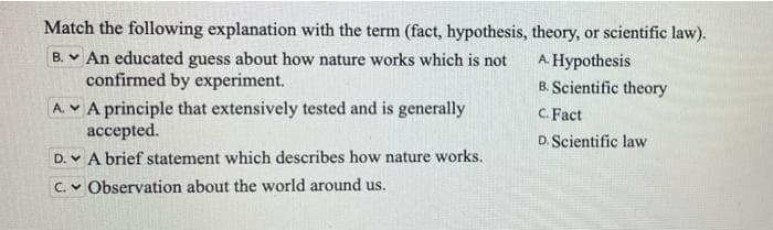 Match the following explanation with the term (fact, hypothesis, theory, or scientific law).
B. v An educated guess about how nature works which is not
confirmed by experiment.
A. Hypothesis
B. Scientific theory
A. v A principle that extensively tested and is generally
accepted.
C. Fact
D. Scientific law
D. v A brief statement which describes how nature works.
C. v Observation about the world around us.
