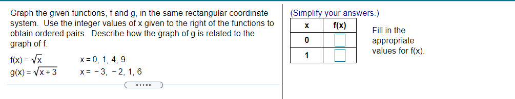 (Simplify your answers.)
Graph the given functions, f and g, in the same rectangular coordinate
system. Use the integer values of x given to the right of the functions to
obtain ordered pairs. Describe how the graph of g is related to the
graph of f.
f(x)
Fill in the
appropriate
values for f(x).
1
f(x) = Vx
g(x) = Vx+3
x = 0, 1, 4, 9
х3 - 3, - 2, 1, 6

