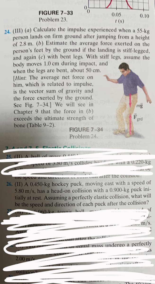 0.
FIGURE 7-33
Problem 23.
0.05
0.10
I (s)
24. (III) (a) Calculate the impulse experienced when a 55-kg
person lands on firm ground after jumping from a height
of 2.8 m. (b) Estimate the average force exerted on the
person's feet by the ground if the landing is stiff-legged,
and again (c) with bent legs. With stiff legs, assume the
body moves 1.0 cm during impact, and
when the legs are bent, about 50 cm.
[Hìnt: The average net force on
him, which is related to impulse,
is the vector sum of gravity and
the force exerted by the ground.
See Fig. 7-34.] We will see in
Chapter 9 that the force in (b)
exceeds the ultimate strength of
bone (Table 9–2).
mg
grd
FIGURE 7-34
Problem 24.
Claotia callicin
25. (II) A ball of mass 0 440
"pecu Ol 3.80 m/s collides her
wu with a 0.220-kg
we speed dllu
u vuuu aller the collisIOIN:
26. (II) A 0.450-kg hockey puck, moving east with a speed of
5.80 m/s, has a head-on collision with a 0.900-kg puck ini-
tially at rest. Assuming a perfectly elastic collision, what will
be the speed and direction of each puck after the collision?
of
060-kg tennis hall
Vinc -
m/s.
Udl after thecell:
UI edual mass undergo a perfectly
2.00 m/
collision?
The S ecouv
