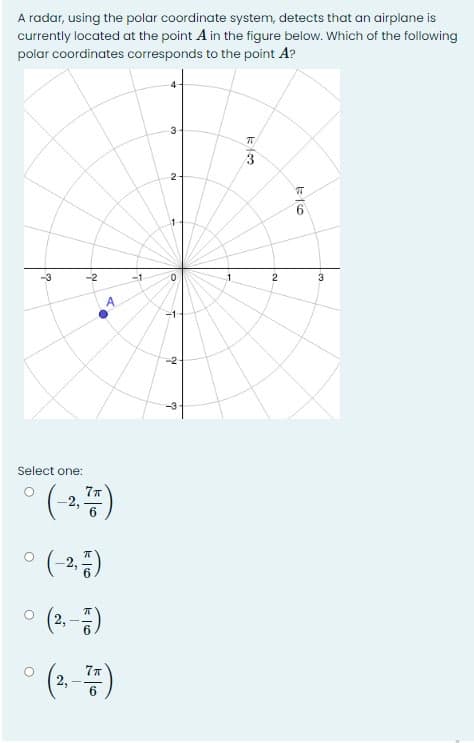 A radar, using the polar coordinate system, detects that an airplane is
currently located at the point A in the figure below. Which of the following
polar coordinates corresponds to the point A?
3
2
6.
-2
-1
0.
-1
-3
Select one:
77
-2,
6
° (-2.종)
(2,-)
(2-)
