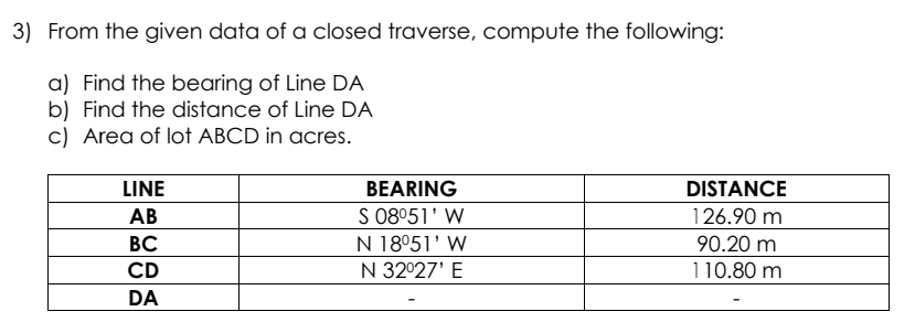 3) From the given data of a closed traverse, compute the following:
a) Find the bearing of Line DA
b) Find the distance of Line DA
c) Area of lot ABCD in acres.
LINE
BEARING
DISTANCE
S 08051' W
N 18°51' W
AB
126.90 m
ВС
90.20 m
CD
N 32°27' E
110.80 m
DA
