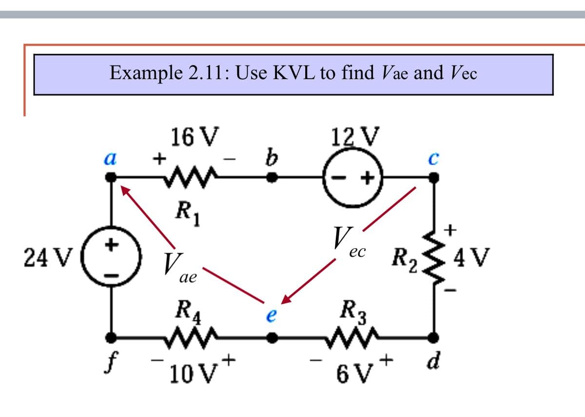 Example 2.11: Use KVL to find Vae and Vec
16 V
12 V
a
+
R1
+
R21
3
ес
24 V
4 V
ае
R4
R3
e
f
d
10V
6 V+
