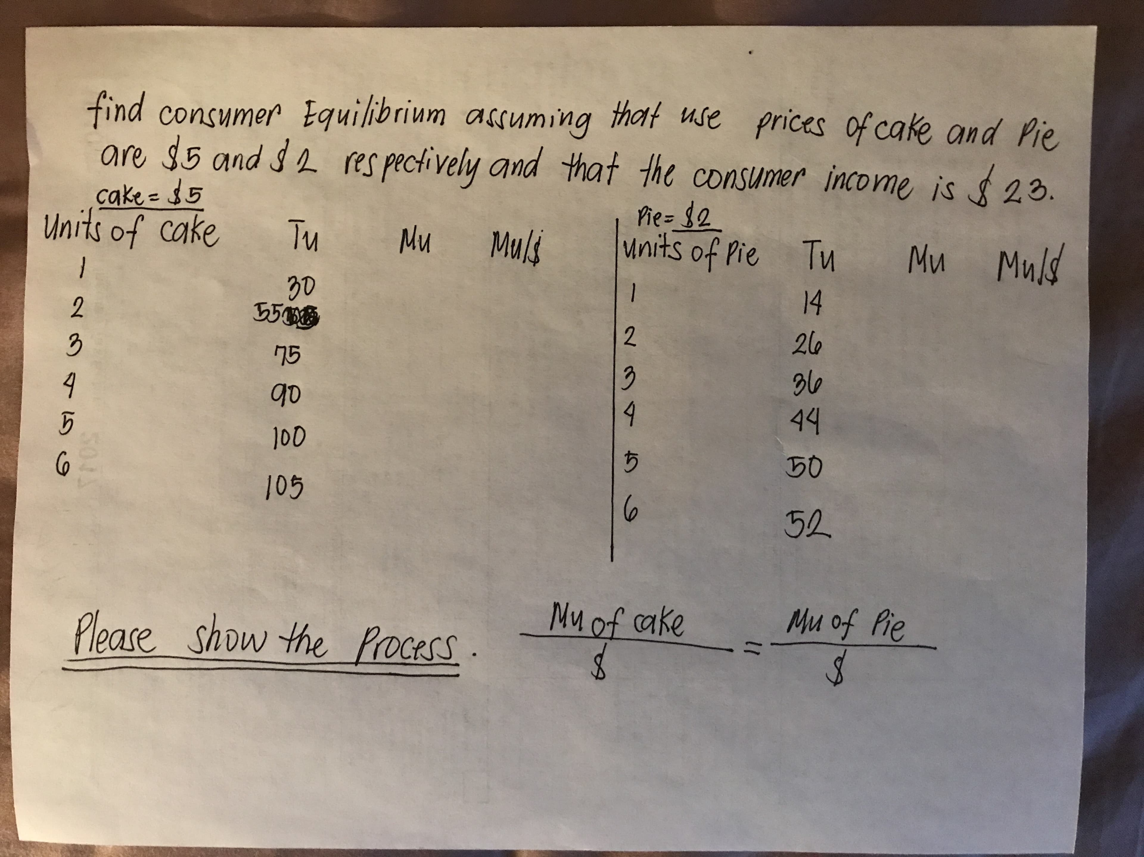 that use prices of cake and Pie
find
consumer Equilibrium assuming
are s5 and s espectively and that the consumer income is 23.
cake 5
Units of cake
Pie= 2
Mnits of Pie
Mu Muld
Tu
Mu
Muls
Tu
14
30
கருது
2
2
21o
4
4
44
100
50
/05
Mu of Pie
Mof cake
Please Show the Pocess
