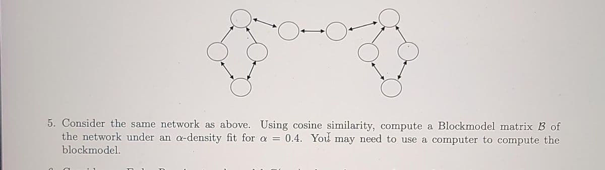 5. Consider the same network as above. Using cosine similarity, compute a Blockmodel matrix B of
the network under an a-density fit for a = 0.4. You may need to use a computer to compute the
blockmodel.
