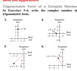 Trigonometric Form of a Complex Number
In Exercises 3-6, write the complex number in
trigonometric form.
3.
Imaginary
axis
Imaginary
axis
3= 31
Real
axis
-6 -4 -2
Real
asis
5.
6.
Imaginary
axis
Imaginary
axis
Real
axis
-3-2
Real
Z-3-3
axis
