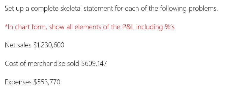 Set up a complete skeletal statement for each of the following problems.
*In chart form, show all elements of the P&L including %'s
Net sales $1,230,600
Cost of merchandise sold $609,147
Expenses $553,770