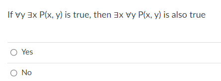 If vy 3x P(x, y) is true, then 3x vy P(x, y) is also true
O Yes
O No
