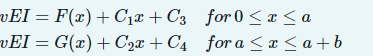 -vEI = F(x) + С₁x + C3
vEI = G(x) + C₂x+C₁
for 0≤x≤ a
for a ≤x≤a+b