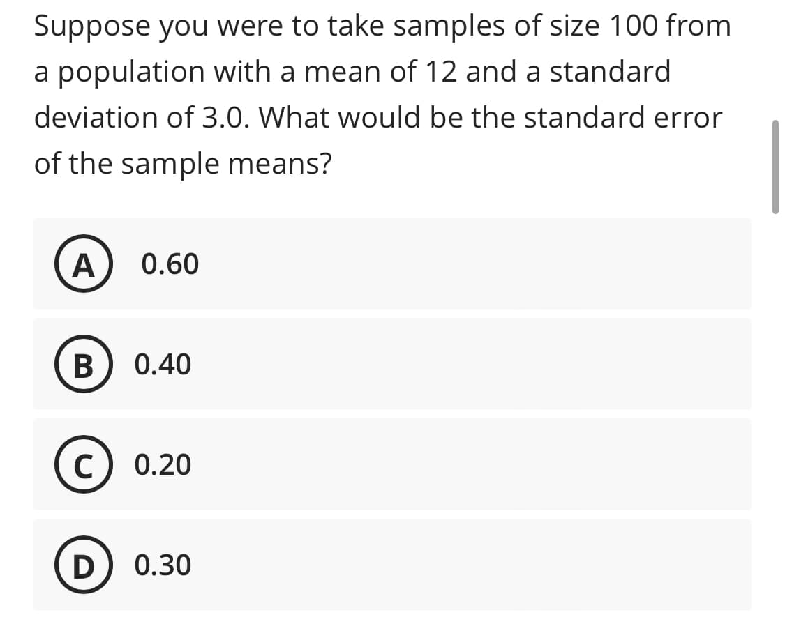 Suppose you were to take samples of size 100 from
a population with a mean of 12 and a standard
deviation of 3.0. What would be the standard error
of the sample means?
0.60
0.40
0.20
D
0.30
