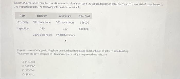 Reynoso Corporation manufactures titanium and aluminum tennis racquets. Reynoso's total overhead costs consist of assembly costs
and inspection costs. The following information is available:
Titanium
Assembly 500 mach, hours
Inspections
350
2100 labor hours
Cost
Aluminum
500 mach. hours
150
O $104000.
O $119000.
O $85000.
O $89250.
1900 labor hours
Total Cost
$66000
$104000
Reynoso is considering switching from one overhead rate based on labor hours to activity-based costing.
Total overhead costs assigned to titanium racquets, using a single overhead rate, are