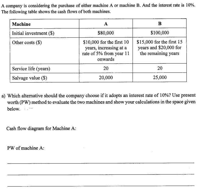 A company is considering the purchase of either machine A or machine B. And the interest rate is 10%.
The following table shows the cash flows of both machines.
Machine
Initial investment ($)
Other costs ($)
Service life (years)
Salvage value ($)
Cash flow diagram for Machine A:
A
$80,000
$10,000 for the first 10
years, increasing at a
rate of 5% from year 11
onwards
20
20,000
PW of machine A:
B
$100,000
$15,000 for the first 15
years and $20,000 for
the remaining years
a) Which alternative should the company choose if it adopts an interest rate of 10%? Use present
worth (PW) method to evaluate the two machines and show your calculations in the space given
below.
20
25,000
