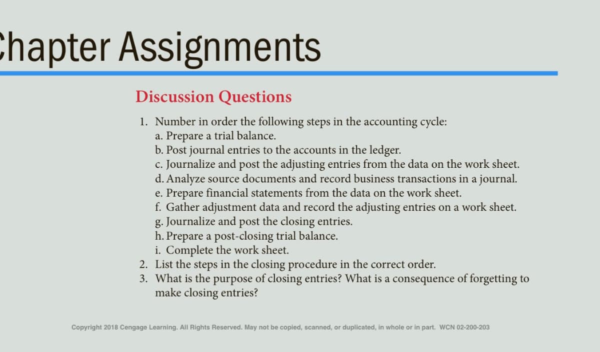 Chapter Assignments
Discussion Questions
1. Number in order the following steps in the accounting cycle:
a. Prepare a trial balance.
b. Post journal entries to the accounts in the ledger.
c. Journalize and post the adjusting entries from the data on the work sheet.
d. Analyze source documents and record business transactions in a journal.
e. Prepare financial statements from the data on the work sheet.
f. Gather adjustment data and record the adjusting entries on a work sheet.
g. Journalize and post the closing entries.
h. Prepare a post-closing trial balance.
i. Complete the work sheet.
2. List the steps in the closing procedure in the correct order.
3. What is the purpose of closing entries? What is a consequence of forgetting to
make closing entries?
Copyright 2018 Cengage Learning. All Rights Reserved. May not be copied, scanned, or duplicated, in whole or in part. WCN 02-200-203

