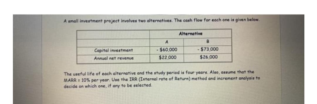 A small investment project involves two alternatives. The cash flow for each one is given below.
Alternative
A
Capital investment
- $60,000
$73,000
Annual net revenue
$22,000
$26,000
The useful life of each alternative and the study period is four years. Also, assume that the
MARR = 10% per year. Use the IRR (Internal rate of Return) method and increment analysis to
decide on which one, if any to be selected.
