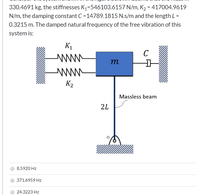 330.4691 kg, the stiffnesses K1=546103.6157 N/m, K2 = 417004.9619
N/m, the damping constant C =14789.1815 N.s/m and the length L =
0.3215 m. The damped natural frequency of the free vibration of this
system is:
