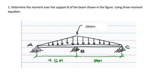 1. Determine the moment over the support B of the beam shown in the figure. Using three-moment
equation.
4.5m
20kN/m
B
3m