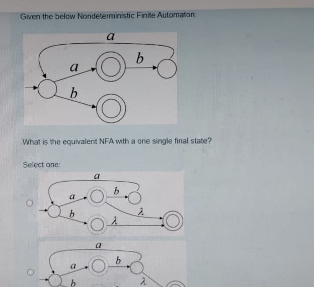 Given the below Nondeterministic Finite Automaton:
a
b.
a
What is the equivalent NFA with a one single final state?
Select one:
a
b.
a
a
