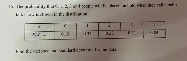 15. The probability that 0, 1, 2, 3 or 4 people will be placed on hold when they call a radio
talk show is shown in the distribution
1
3
4
P(X=x)
0.18
0.34
0.23
0.21
0.04
Find the variance and standard deviation for the data.
