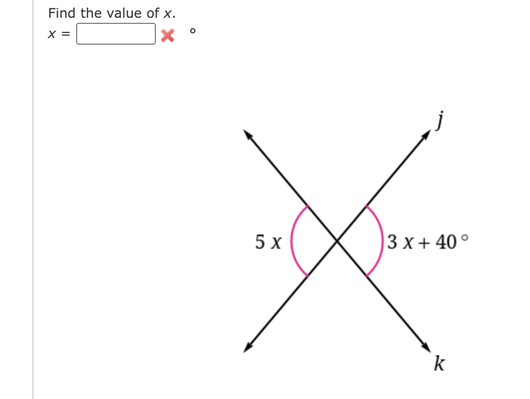 Find the value of x.
X =
5 x
3 x + 40 °
k
