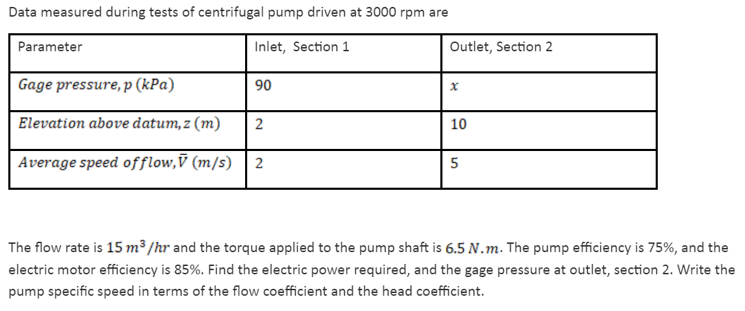Data measured during tests of centrifugal pump driven at 3000 rpm are
Parameter
Inlet, Section 1
Outlet, Section 2
Gage pressure, p (kPa)
90
Elevation above datum, z (m)
10
Average speed offlow,V (m/s)
The flow rate is 15 m3 /hr and the torque applied to the pump shaft is 6.5 N.m. The pump efficiency is 75%, and the
electric motor efficiency is 85%. Find the electric power required, and the gage pressure at outlet, section 2. Write the
pump specific speed in terms of the flow coefficient and the head coefficient.
