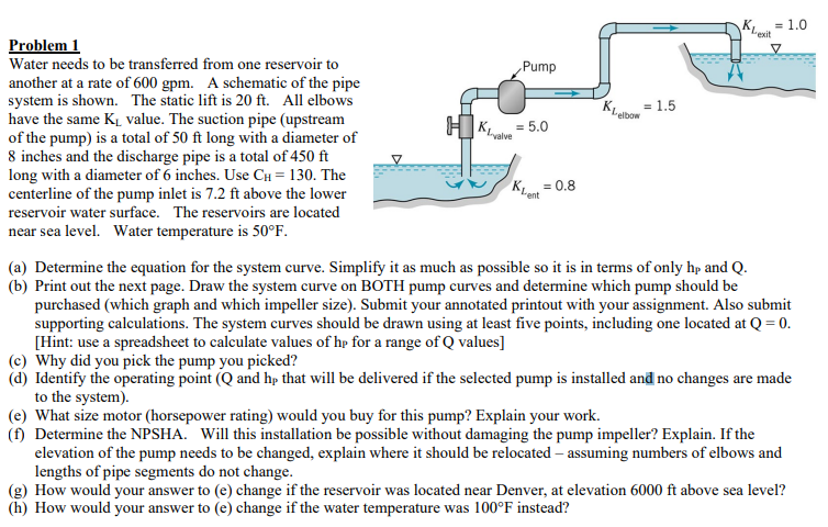 Problem 1
Water needs to be transferred from one reservoir to
another at a rate of 600 gpm. A schematic of the pipe
system is shown. The static lift is 20 ft. All elbows
have the same K₁ value. The suction pipe (upstream
of the pump) is a total of 50 ft long with a diameter of
8 inches and the discharge pipe is a total of 450 ft
long with a diameter of 6 inches. Use CH = 130. The
centerline of the pump inlet is 7.2 ft above the lower
reservoir water surface. The reservoirs are located
near sea level. Water temperature is 50°F.
HKL
valve
Pump
= 5.0
KL₂ ent
= 0.8
KL elbow
= 1.5
= 1.0
V
(a) Determine the equation for the system curve. Simplify it as much as possible so it is in terms of only hp and Q.
(b) Print out the next page. Draw the system curve on BOTH pump curves and determine which pump should be
purchased (which graph and which impeller size). Submit your annotated printout with your assignment. Also submit
supporting calculations. The system curves should be drawn using at least five points, including one located at Q = 0.
[Hint: use a spreadsheet to calculate values of hp for a range of Q values]
(c) Why did you pick the pump you picked?
(d) Identify the operating point (Q and hp that will be delivered if the selected pump is installed and no changes are made
to the system).
(e) What size motor (horsepower rating) would you buy for this pump? Explain your work.
(1) Determine the NPSHA. Will this installation be possible without damaging the pump impeller? Explain. If the
elevation of the pump needs to be changed, explain where it should be relocated - assuming numbers of elbows and
lengths of pipe segments do not change.
(g) How would your answer to (e) change if the reservoir was located near Denver, at elevation 6000 ft above sea level?
(h) How would your answer to (e) change if the water temperature was 100°F instead?