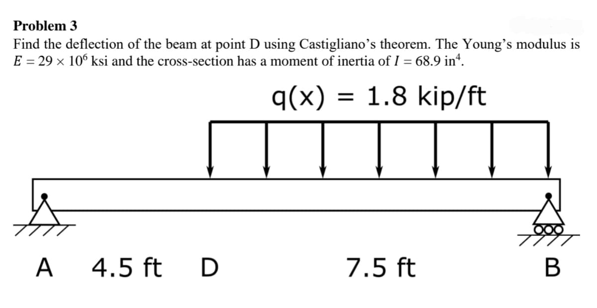 Problem 3
Find the deflection of the beam at point D using Castigliano's theorem. The Young's modulus is
E = 29 × 106 ksi and the cross-section has a moment of inertia of I = 68.9 inª.
q(x) = 1.8 kip/ft
A 4.5 ft D
7.5 ft
B
