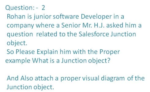 Question: - 2
Rohan is junior software Developer in a
company where a Senior Mr. H.J. asked him a
question related to the Salesforce Junction
object.
So Please Explain him with the Proper
example What is a Junction object?
And Also attach a proper visual diagram of the
Junction object.
