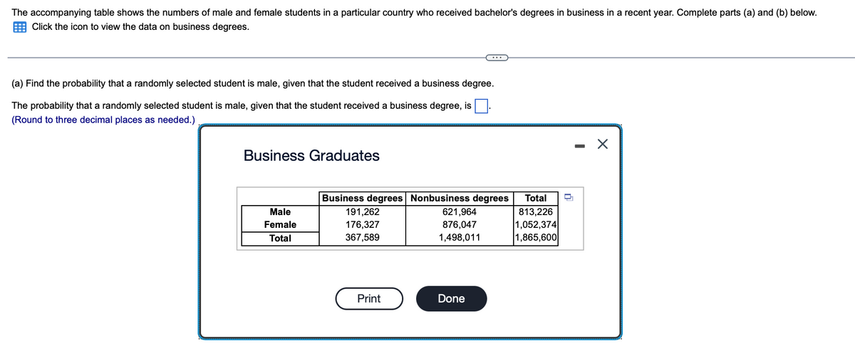 The accompanying table shows the numbers of male and female students in a particular country who received bachelor's degrees in business in a recent year. Complete parts (a) and (b) below.
Click the icon to view the data on business degrees.
(a) Find the probability that a randomly selected student is male, given that the student received a business degree.
The probability that a randomly selected student is male, given that the student received a business degree, is .
(Round to three decimal places as needed.)
Business Graduates
Male
Female
Total
Business degrees Nonbusiness degrees
191,262
176,327
367,589
Print
621,964
876,047
1,498,011
Done
Total Q
813,226
1,052,374
1,865,600
-
X