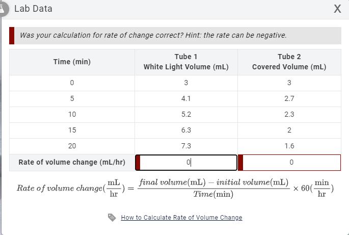 A Lab Data
X
Was your calculation for rate of change correct? Hint: the rate can be negative.
Tube 1
Tube 2
Time (min)
White Light Volume (mL)
Covered Volume (mL)
3
3
5
4.1
2.7
10
5.2
2.3
15
6.3
20
7.3
1.6
Rate of volume change (mL/hr)
이
final volume(mL) – initial volume(mL)
Time(min)
mL
min
Rate of volume change(-
hr
x 60(-
hr
How to Calculate Rate of Volume Change
