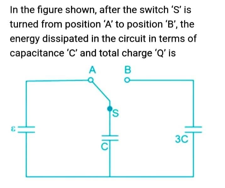 In the figure shown, after the switch 'S' is
turned from position 'A' to position 'B', the
energy dissipated in the circuit in terms of
capacitance 'C' and total charge 'Q' is
A
B
3C
Ho
