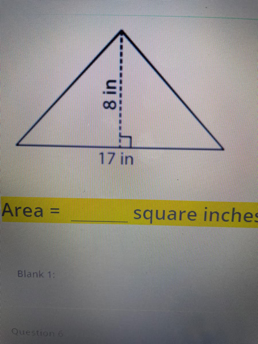 17 in
Area =
square inches
Blank 1:
Question 6
8 in
