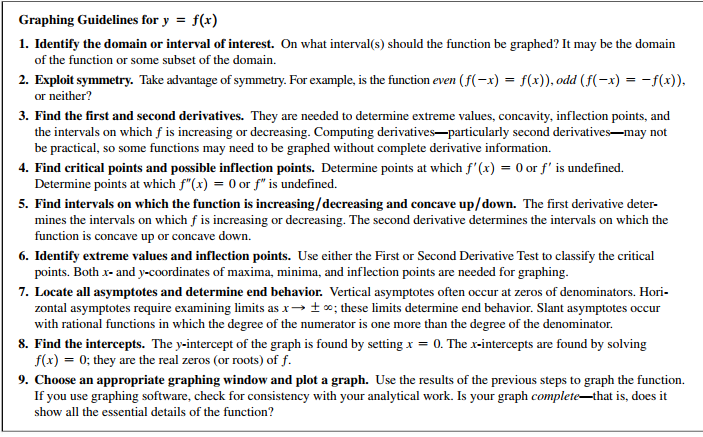 Graphing Guidelines for y = f(x)
1. Identify the domain or interval of interest. On what interval(s) should the function be graphed? It may be the domain
of the function or some subset of the domain.
2. Exploit symmetry. Take advantage of symmetry. For example, is the function even ( f(-x) = f(x)), odd (f(-x) = -f(x)).
or neither?
3. Find the first and second derivatives. They are needed to determine extreme values, concavity, inflection points, and
