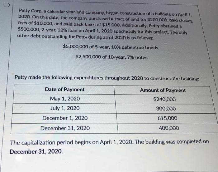 Petty Corp, a calendar year-end company, began construction of a building on April 1,
2020. On this date, the company purchased a tract of land for $200,000, paid closing
fees of $10,000, and paid back taxes of $15,000. Additionally, Petty obtained a
$500,000, 2-year, 12% loan on April 1, 2020 specifically for this project. The only
other debt outstanding for Petty during all of 2020 is as follows:
$5,000,000 of 5-year, 10% debenture bonds
$2,500,000 of 10-year, 7% notes
Petty made the following expenditures throughout 2020 to construct the building:
Date of Payment
Amount of Payment
May 1, 2020
$240,000
July 1, 2020
300,000
December 1, 2020
615,000
December 31, 2020
400,000
The capitalization period begins on April 1, 2020. The building was completed on
December 31, 2020.
