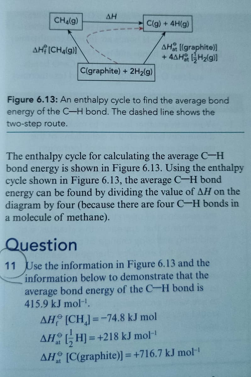 AH
CH4(g)
C(g) + 4H(g)
AH ((graphite))
+ 4AH H2(g)]
AH (CHa(g)
C(graphite) + 2H2(g)
Figure 6.13: An enthalpy cycle to find the average bond
energy of the C-H bond. The dashed line shows the
two-step route.
The enthalpy cycle for calculating the average C-H
bond energy is shown in Figure 6.13. Using the enthalpy
cycle shown in Figure 6.13, the average C-H bond
energy can be found by dividing the value of AH on the
diagram by four (because there are four C-H bonds in
a molecule of methane).
Question
11 Use the information in Figure 6.13 and the
information below to demonstrate that the
average bond energy of the C-H bond is
415.9 kJ mol-.
AH [CH,]=-74.8 kJ mol
AH H] = +218 kJ mol-
AH [C(graphite)] = +716.7 kJ mol-
at
