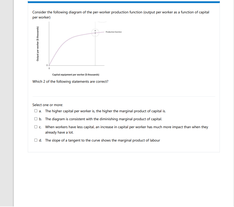 Consider the following diagram of the per-worker production function (output per worker as a function of capital
per worker)
Production function
Capital equipment per worker (S thousands)
Which 2 of the following statements are correct?
Select one or more:
O a. The higher capital per worker is, the higher the marginal product of capital is.
O b. The diagram is consistent with the diminishing marginal product of capital.
Oc. When workers have less capital, an increase in capital per worker has much more impact than when they
already have a lot.
O d. The slope of a tangent to the curve shows the marginal product of labour
Output per worker (S thousands)
