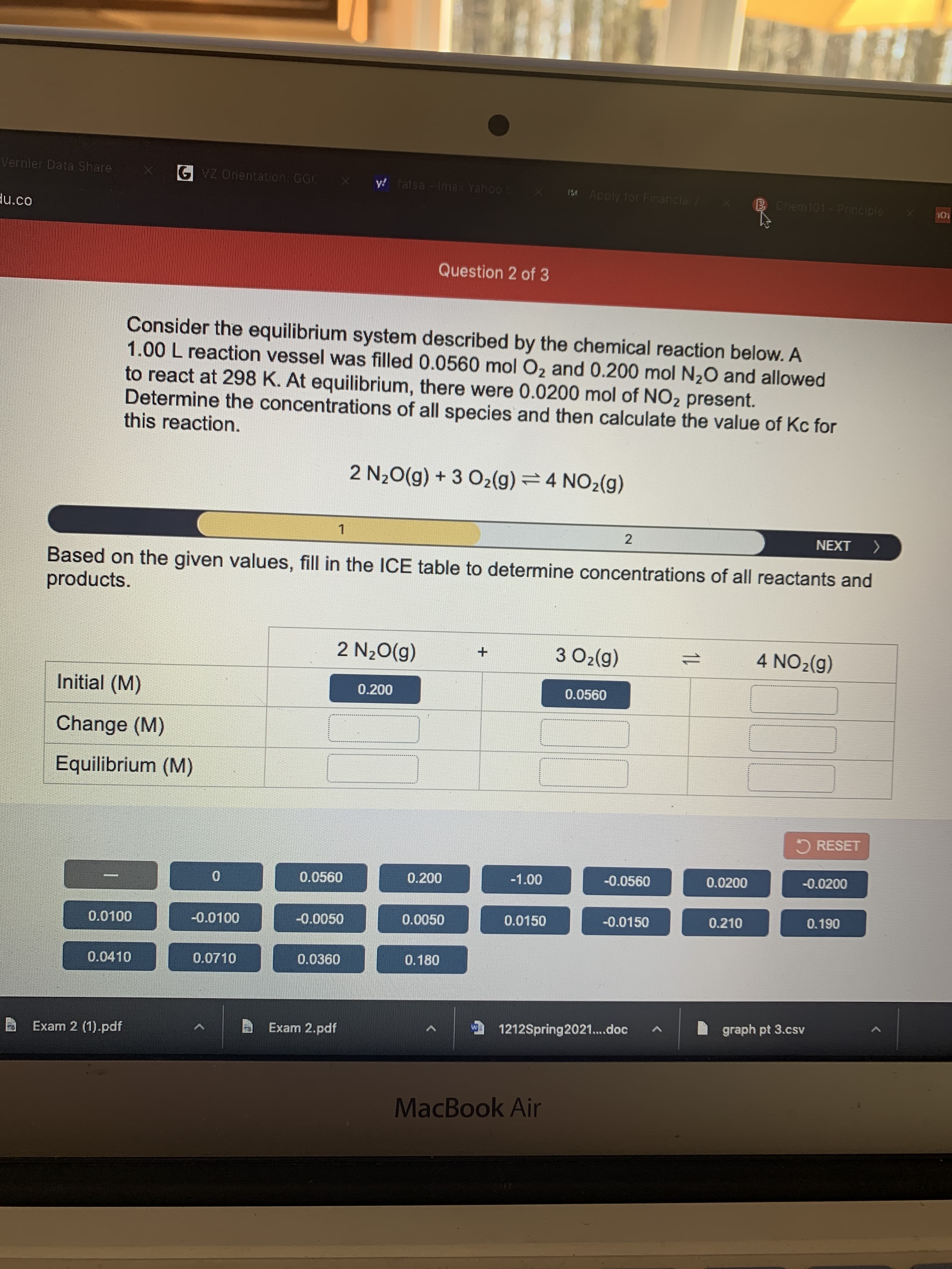 Consider the equilibrium system described by the chemical reaction below. A
1.00 L reaction vessel was filled 0.0560 mol Oz and 0.200 mol N20 and allowed
to react at 298 K. At equilibrium, there were 0.0200 mol of NO2 present.
Determine the concentrations of all species and then calculate the value of Kc for
this reaction.
2 N20(g) + 3 O2(g) 4 NO2(g)
