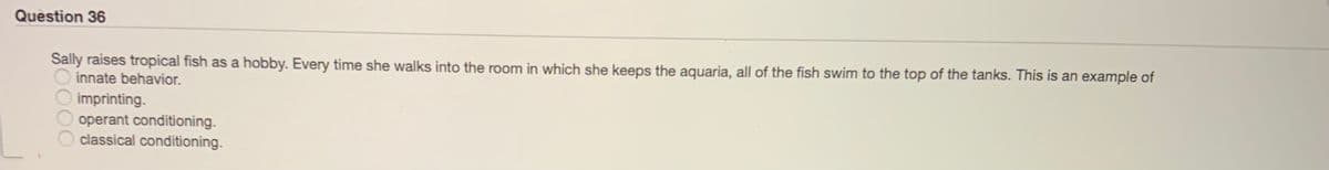 Question 36
Sally raises tropical fish as a hobby. Every time she walks into the room in which she keeps the aquaria, all of the fish swim to the top of the tanks. This is an example of
innate behavior.
imprinting.
operant conditioning.
classical conditioning.
