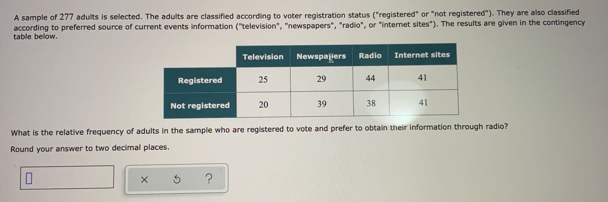 A sample of 277 adults is selected. The adults are classified according to voter registration status ("registered" or "not registered"). They are also classified
according to preferred source of current events information ("television", "newspapers", "radio", or "internet sites"). The results are given in the contingency
table below.
Television
Newspajers
Radio
Internet sites
Registered
25
29
44
41
Not registered
20
39
38
41
What is the relative frequency of adults in the sample who are registered to vote and prefer to obtain their information through radio?
Round your answer to two decimal places.
