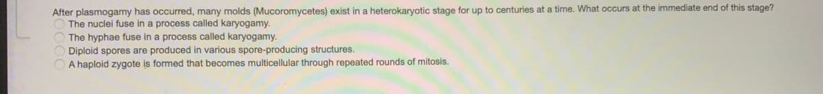 After plasmogamy has occurred, many molds (Mucoromycetes) exist in a heterokaryotic stage for up to centuries at a time. What occurs at the immediate end of this stage?
The nuclei fuse in a process called karyogamy.
The hyphae fuse in a process called karyogamy.
Diploid spores are produced in various spore-producing structures.
A haploid zygote is formed that becomes multicellular through repeated rounds of mitosis.
