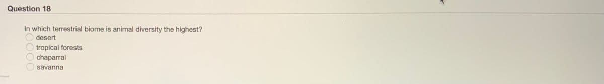 Question 18
In which terrestrial biome is animal diversity the highest?
desert
tropical forests
chaparral
savanna

